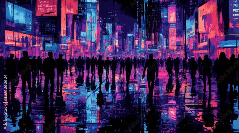 Vibrant Night Cityscape with Silhouetted Figures Walking Under Neon Lights Reflecting on Wet Streets in a Modern Urban Environment Vibrant Night Cityscape with Silhouetted Figures Walking Under Neon Lights Reflecting on Wet Streets in a Modern Urban Environment