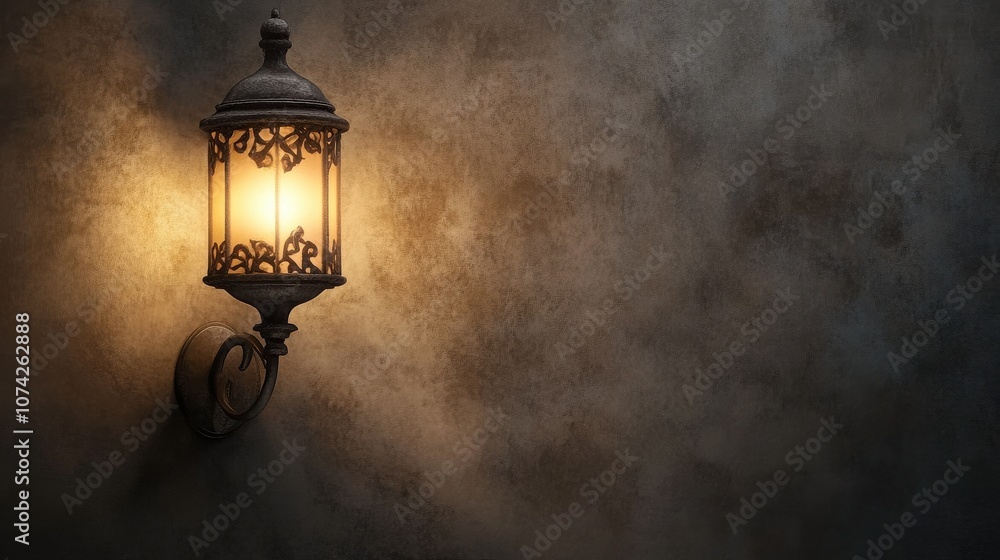 Ornate wall-mounted lantern casting warm light on a textured wall. Ornate wall-mounted lantern casting warm light on a textured wall.