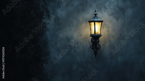 Antique lantern glowing on a dark, textured wall with a shadowy tree in the background.