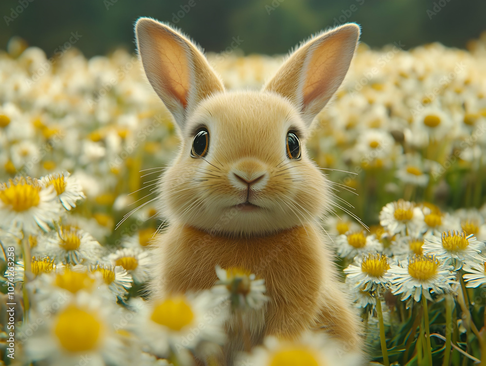 A cute rabbit with big eyes, surrounded by a vibrant field of daisies, creating a peaceful and charming scene. A cute rabbit with big eyes, surrounded by a vibrant field of daisies, creating a peaceful and charming scene.