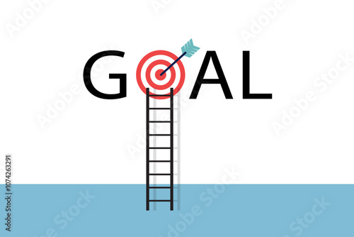 Ladder lay on the red target or goal over white background. Business, finance and education achievement concept. Stair to success concept. Flat vector illustration.