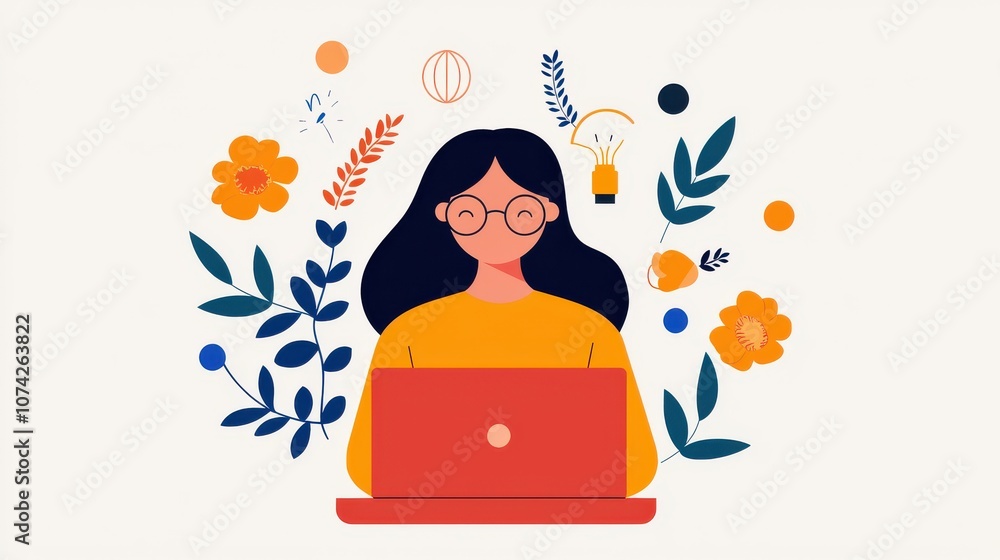A woman with glasses works on a red laptop, surrounded by colorful flowers and leaves, in a bright and cheerful illustration. A woman with glasses works on a red laptop, surrounded by colorful flowers and leaves, in a bright and cheerful illustration.