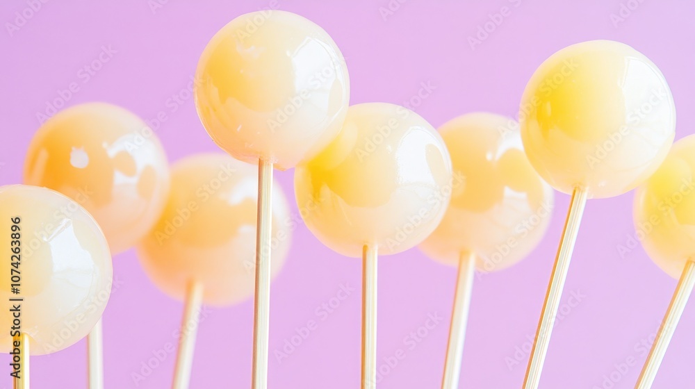 Candy on Sticks, A Delightful Treat with Sweet, Round Shapes on a Pink Background Candy on Sticks, A Delightful Treat with Sweet, Round Shapes on a Pink Background