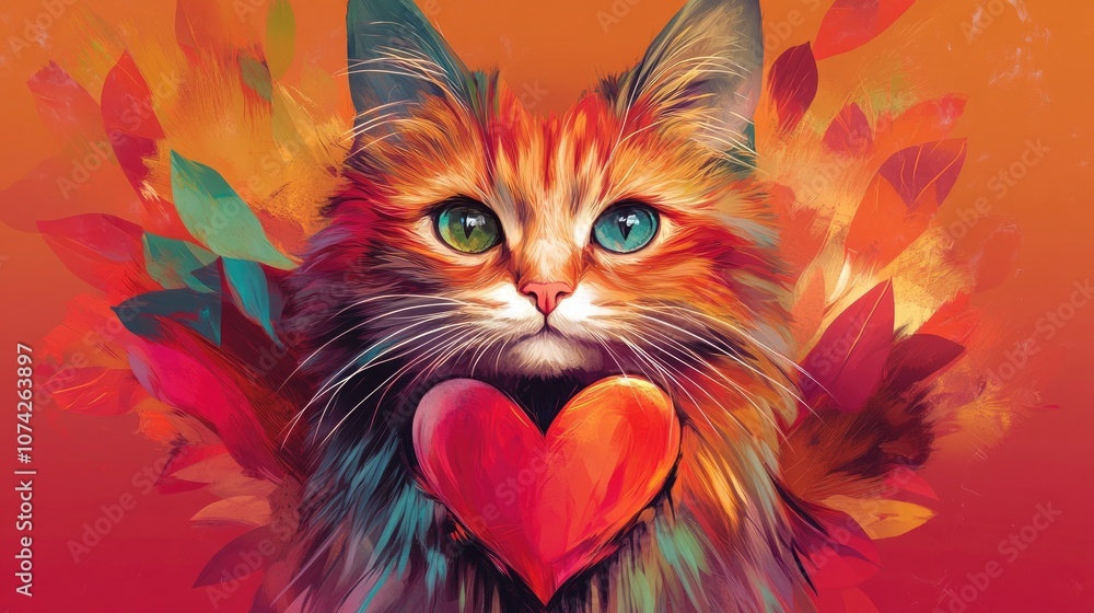 Fototapeta Cat with a heart design postcard illustration