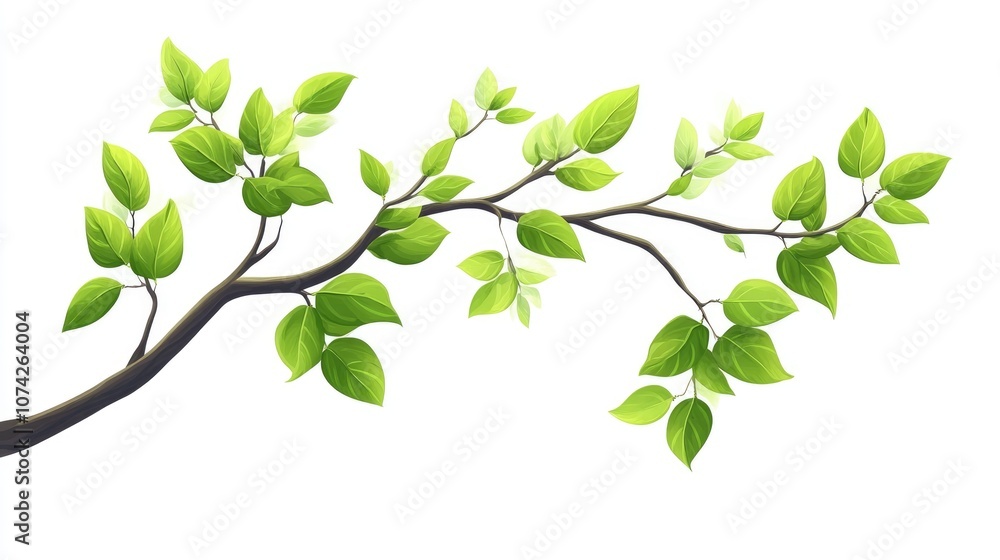 Cartoon illustration of a tree branch with vibrant green leaves set against a clean white background serving as a design element Cartoon illustration of a tree branch with vibrant green leaves set against a clean white background serving as a design element