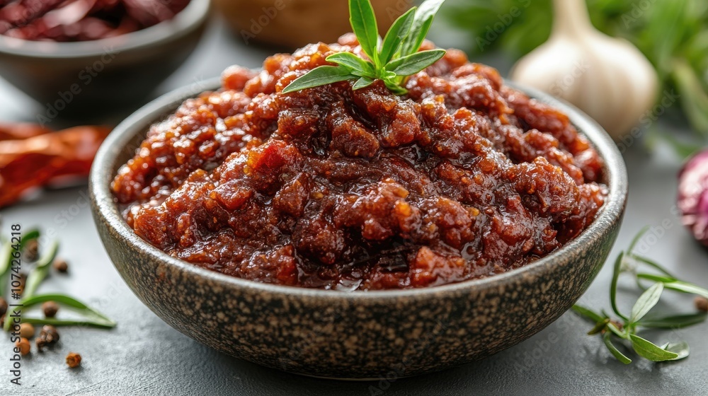 A bowl of rich, spicy condiment with herbs, perfect for enhancing flavors in various dishes. A bowl of rich, spicy condiment with herbs, perfect for enhancing flavors in various dishes.