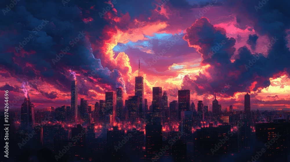 Obraz premium City skyline at dusk with illuminated buildings and vibrant clouds in the sky