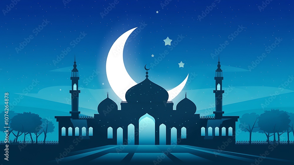 Mosque Silhouette with Crescent Moon and Stars Against a Night Sky ...