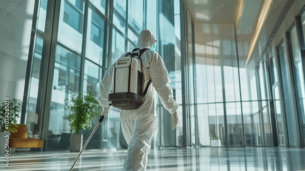 A person in a protective suit walks through a spacious, modern building, carrying a backpack and confidently navigating the interior space. A person in a protective suit walks through a spacious, modern building, carrying a backpack and confidently navigating the interior space.