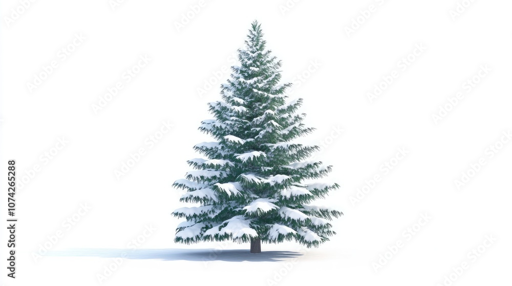 Obraz premium A large green spruce tree covered in snow representing the festive season depicted as a 2D cartoon illustration on a white background