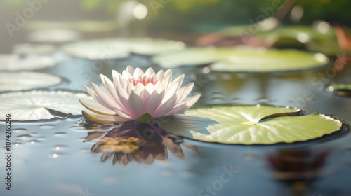 Wallpaper Mural A 3D model of a single lily pad with a blooming lotus flower. The water reflects the flower, and the background is softly blurred. Torontodigital.ca