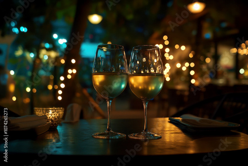 A romantic dinner in happy valentine with two glasses of white wine.