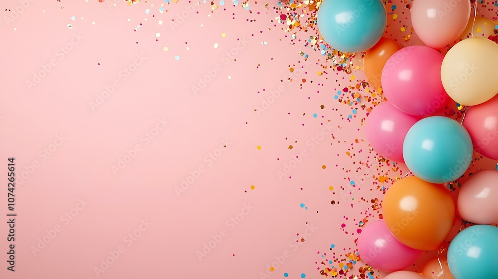 Birthday background with a sparkling confetti border, bright balloons, and a central space for text on a solid-colored background Birthday background with a sparkling confetti border, bright balloons, and a central space for text on a solid-colored background