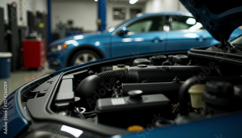 Close up view of the car engine in the service workshop