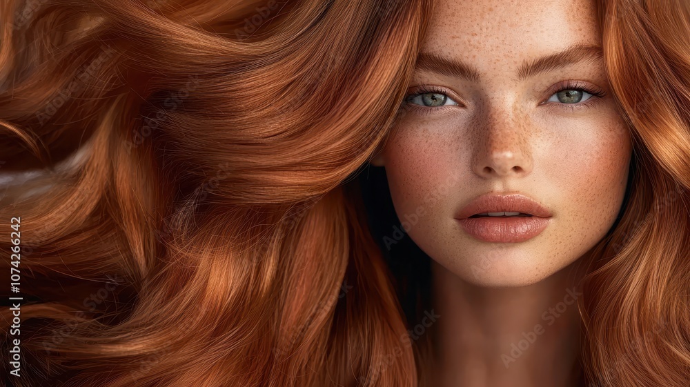 Obraz premium A close-up portrait of a woman with voluminous, shimmering red hair and radiant skin that features natural freckles, exuding beauty and elegance.