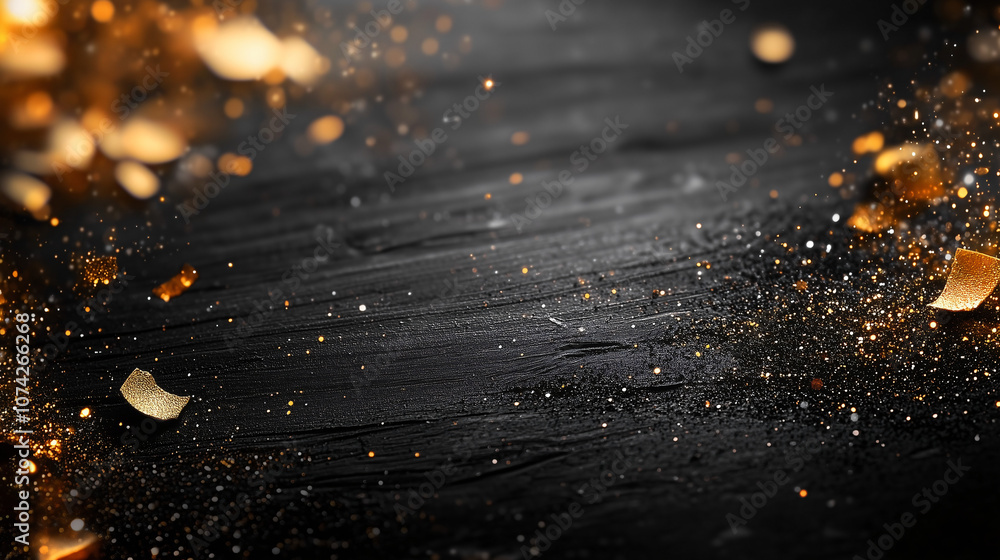 Golden confetti and glitter scattered on a dark wooden surface, creating a festive atmosphere during a celebration event Golden confetti and glitter scattered on a dark wooden surface, creating a festive atmosphere during a celebration event