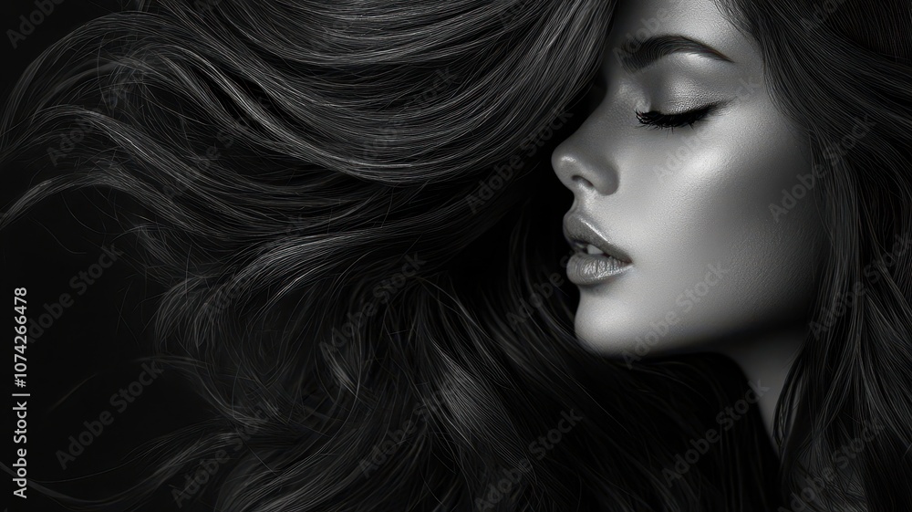 A striking black-and-white portrait of a woman with voluminous hair and shimmering skin, showcasing elegance and beauty. A striking black-and-white portrait of a woman with voluminous hair and shimmering skin, showcasing elegance and beauty.