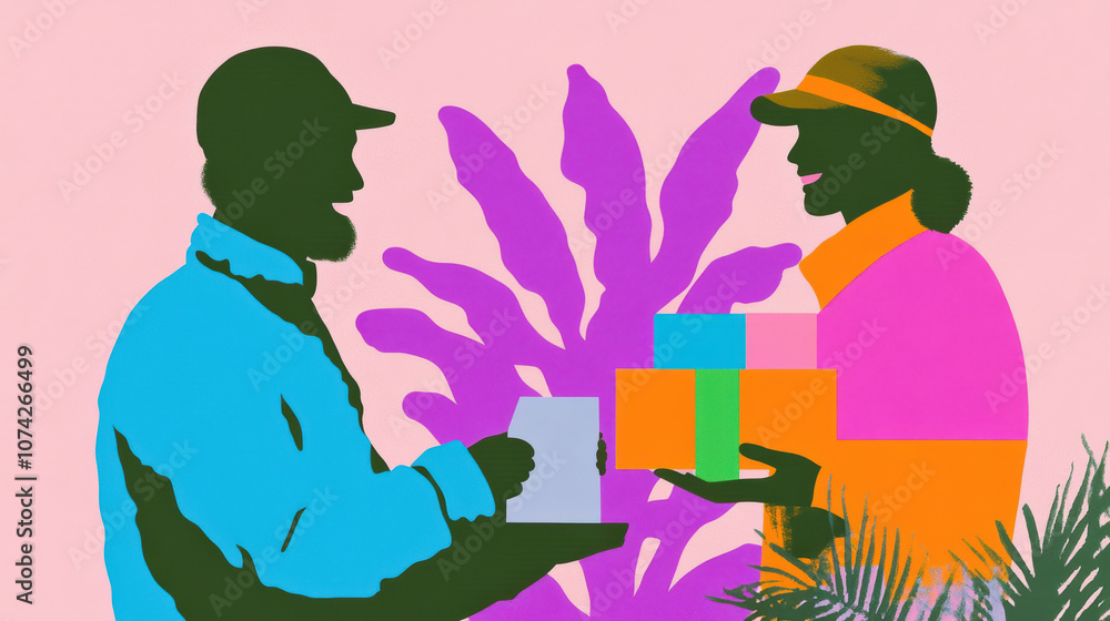 Vibrant illustration of two people exchanging colorful gifts with tropical plants in the background Vibrant illustration of two people exchanging colorful gifts with tropical plants in the background