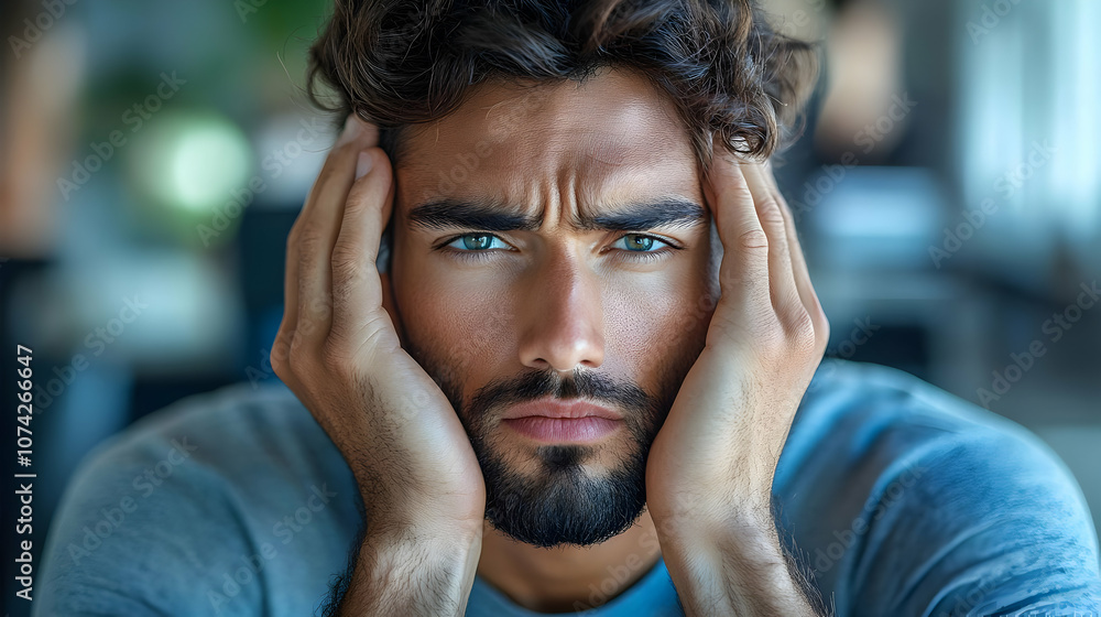 A man with a tense expression, showcasing deep thought and contemplation in a modern, relaxed setting. A man with a tense expression, showcasing deep thought and contemplation in a modern, relaxed setting.