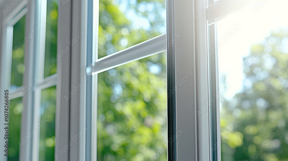 Fototapeta premium A bright, sunlit window opened to a lush green landscape, inviting fresh air and natural light into the space.