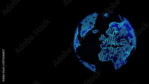 Digital planet earth spinning, world maps rotating animation in blue wireframe style suitable for presentation background about futuristic technology, cyberspace, sci fi, and networking.