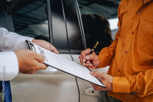 Asian clients engage with a car insurance agent beside a wrecked vehicle. They examine the policy details, assess the damage, and finalize paperwork related to the insurance claim and repairs. photo