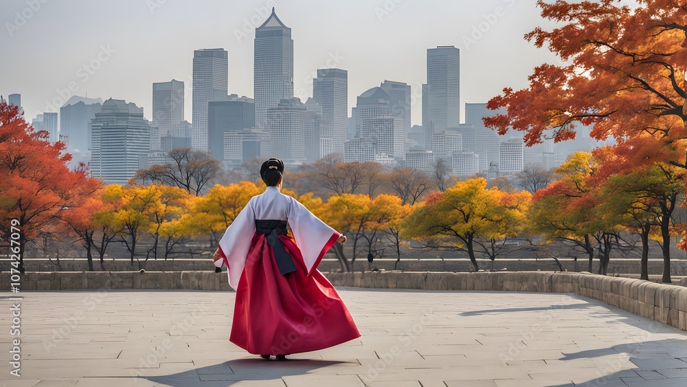 Fototapeta premium South korea a traditional hanbok dress worn by people walking through gyeongbokgung palace, Ai Generated