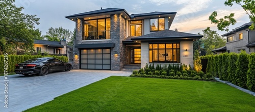 Modern suburban house with a well-manicured lawn, large windows, and a driveway with a luxury car parked, 