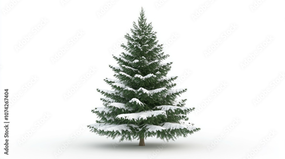 A large green spruce tree covered in snow representing the festive season depicted as a 2D cartoon illustration on a white background A large green spruce tree covered in snow representing the festive season depicted as a 2D cartoon illustration on a white background