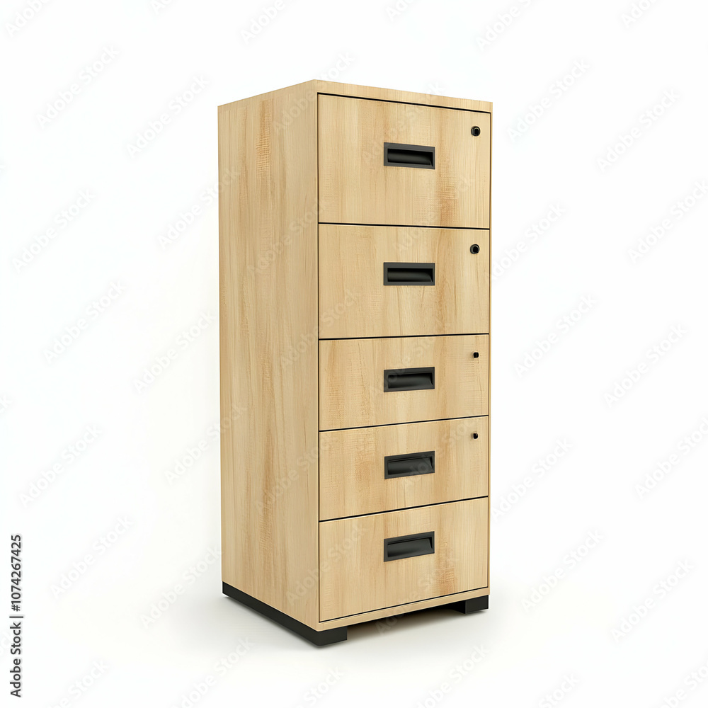 A modern wooden filing cabinet with five drawers, perfect for organizing office documents and supplies. A modern wooden filing cabinet with five drawers, perfect for organizing office documents and supplies.