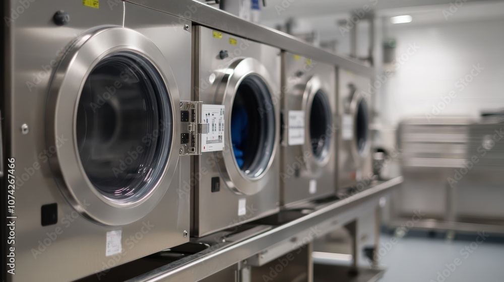 The image shows a row of industrial washing machines in a clean, modern laundry facility. The image shows a row of industrial washing machines in a clean, modern laundry facility.