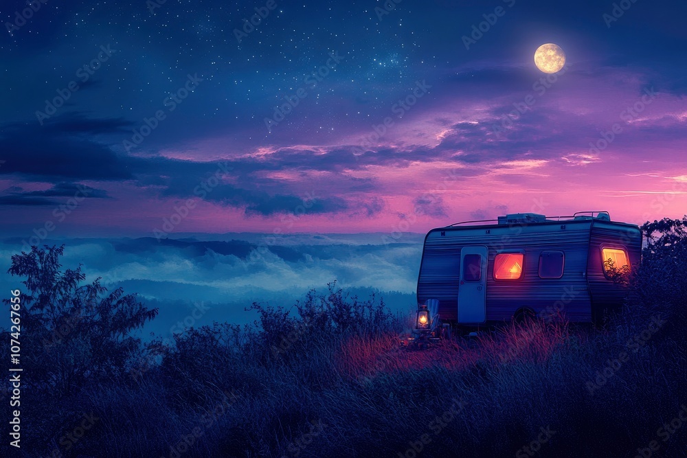 A camper van parked on a hilltop overlooking a foggy valley under a full moon and starry sky. A camper van parked on a hilltop overlooking a foggy valley under a full moon and starry sky.