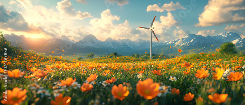 A picturesque landscape featuring vibrant flowers, a wind turbine under a beautiful sky with mountains in the background. photo