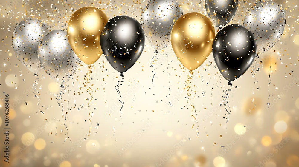 Background for birthday cards showcasing elegant gold and silver balloons with scattered confetti on a soft gradient Background for birthday cards showcasing elegant gold and silver balloons with scattered confetti on a soft gradient