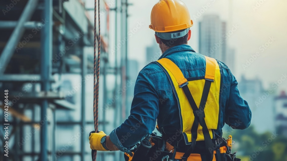 A worker in safety gear prepares to engage in construction, overlooking a cityscape with a focus on diligent craftsmanship and safety. A worker in safety gear prepares to engage in construction, overlooking a cityscape with a focus on diligent craftsmanship and safety.