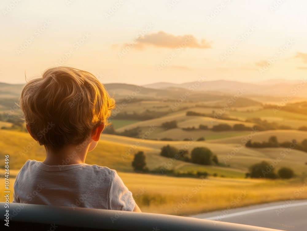 Fototapeta premium Child enjoying a scenic view during a sunset drive.