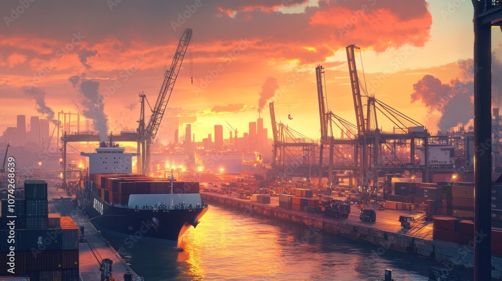 A busy shipping port at sunrise, showcasing large container ships docked alongside cranes, A busy shipping port at sunrise, showcasing large container ships docked alongside cranes,