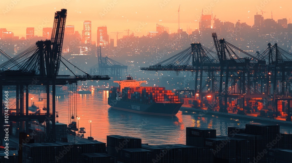 Obraz premium A busy shipping port at sunrise, showcasing large container ships docked alongside cranes,
