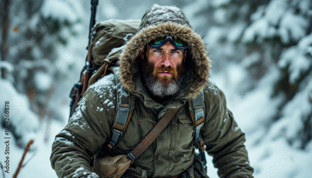 Experienced survivalist makes his way throught the winter forest Experienced survivalist makes his way throught the winter forest