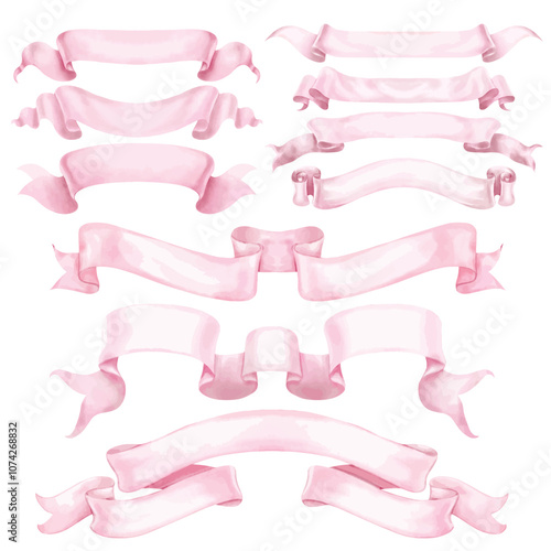 Ribbons elements watercolor stye. Flat banner ribbon for decorative design. Ribbons, Banners, badges, Labels Design Elements.
