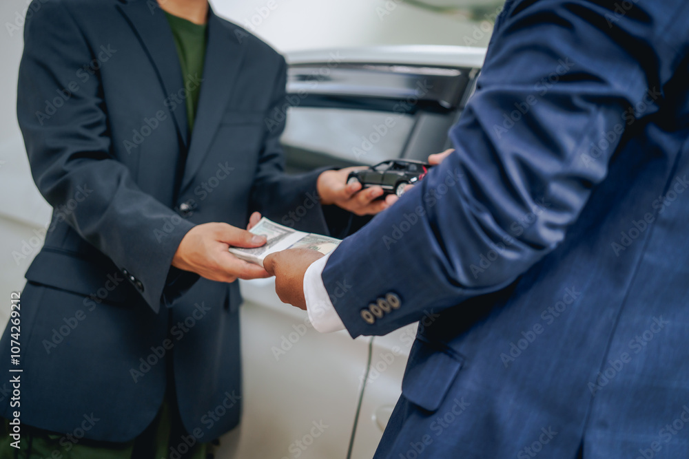 Fototapeta premium Asian clients engage with a car insurance agent beside a wrecked vehicle. They examine the policy details, assess the damage, and finalize paperwork related to the insurance claim and repairs.