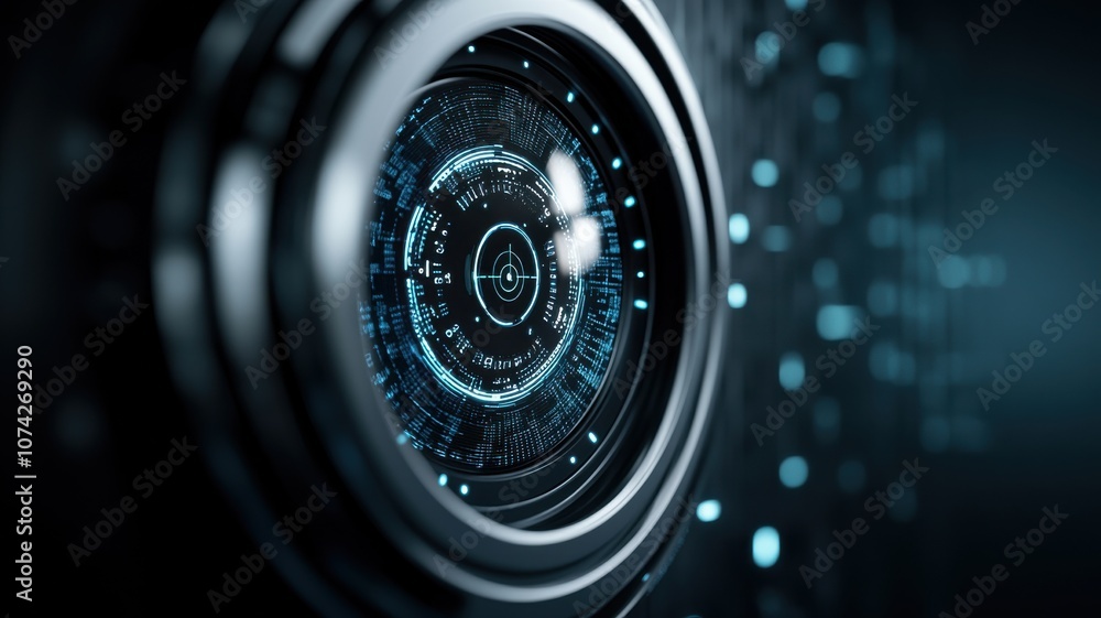 Close-up of a futuristic camera lens with digital elements. Close-up of a futuristic camera lens with digital elements.