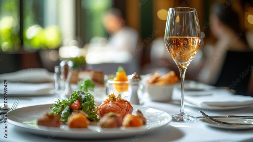 Dining table with a fancy meal. Plate of fine cuisine and a glass of wine. Fine dining, luxury restaurants, or gourmet experience concept Dining table with a fancy meal. Plate of fine cuisine and a glass of wine. Fine dining, luxury restaurants, or gourmet experience concept