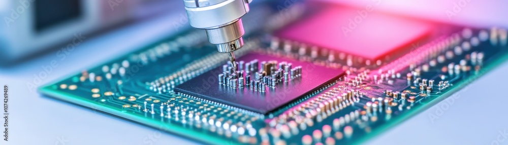 Close-up of a microchip being inspected with precision tools. Close-up of a microchip being inspected with precision tools.