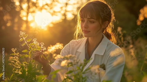 A young woman in a white coat examines a plant in a field at sunset.