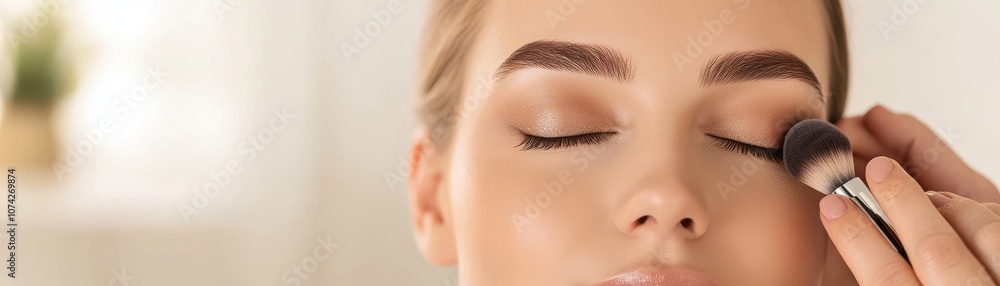 Fototapeta premium Close-up of a woman applying makeup with a brush carefully.