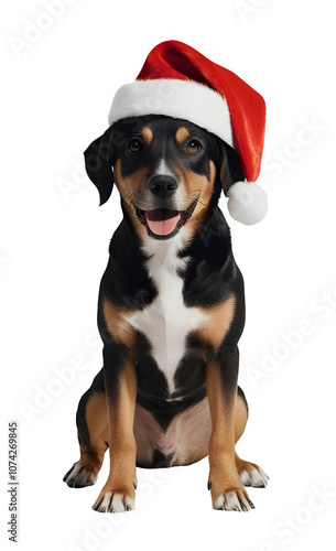 Bernese mountain dog wearing santa hat with joyful smile for christmas theme with transparent background