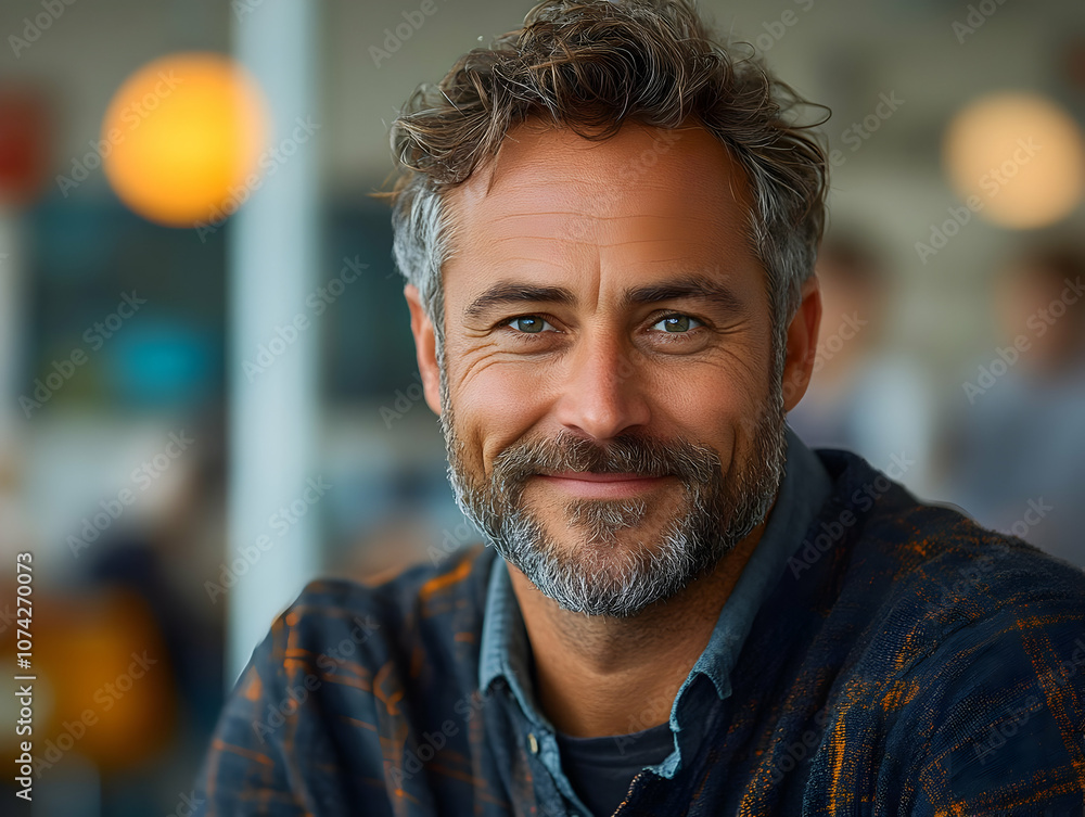 A smiling man with a beard, expressing warmth and friendliness in a casual setting. A smiling man with a beard, expressing warmth and friendliness in a casual setting.