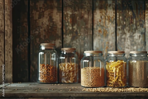 Glass jars filled with various grains and pasta.