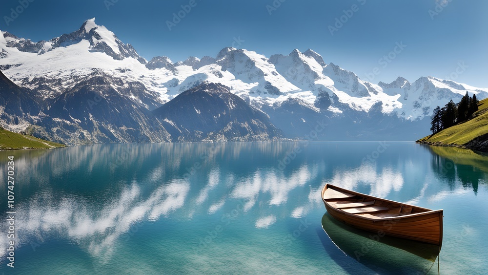 Switzerland a serene alpine lake with a small wooden boat drifting across crystal clear waters, Ai generated Switzerland a serene alpine lake with a small wooden boat drifting across crystal clear waters, Ai generated